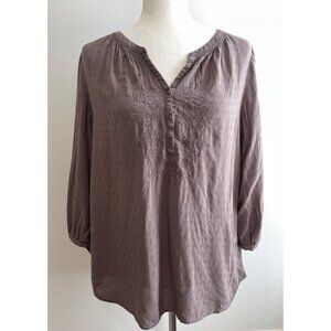 St Johns Bay Peasant Top Womens L Brown Embroidered 3/4 Sleeve Boho